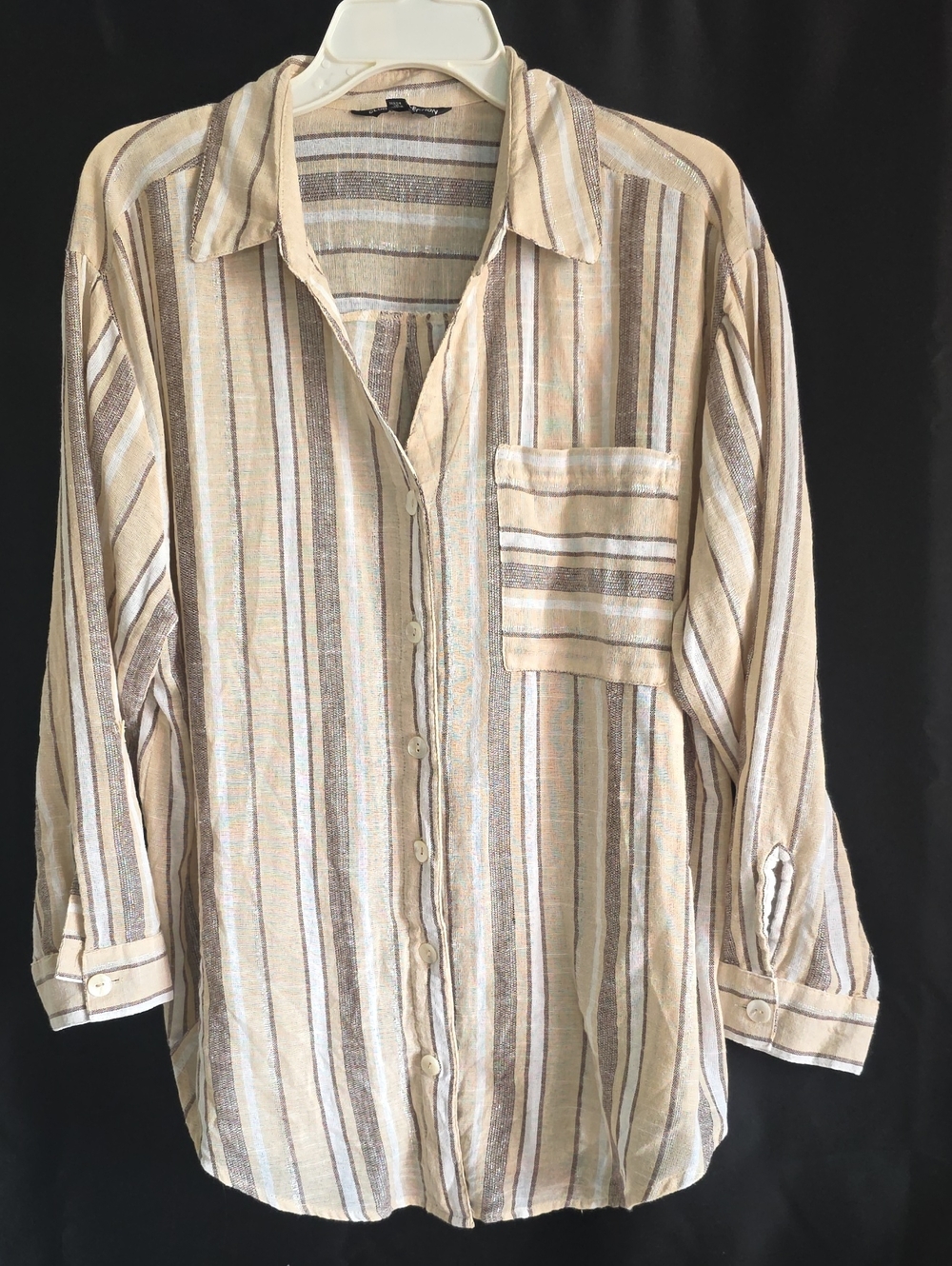Striped Beige Linen-Blend Women's Button-Up Shirt Plus Size 1X
